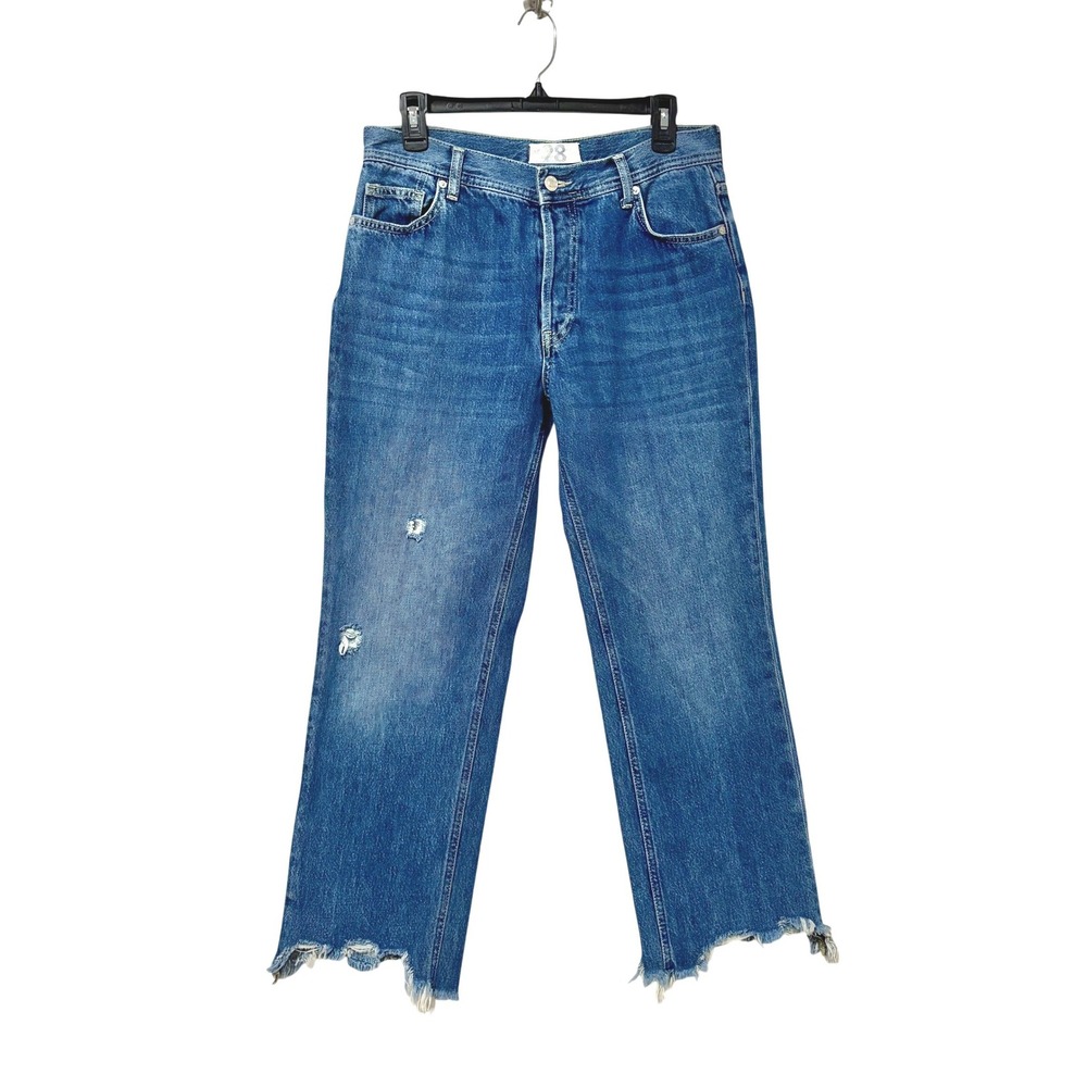 We The Free Twenty8 Distressed Cropped Jeans Blue Button Fly Raw‎ Hem Women B13